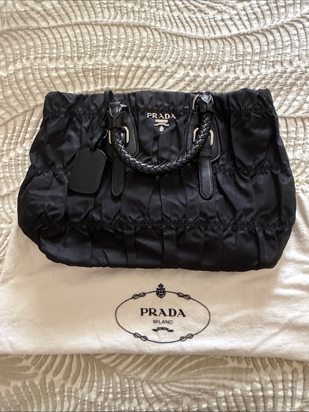 Prada Black Quilted Nylon Tote with Braided Top Handles